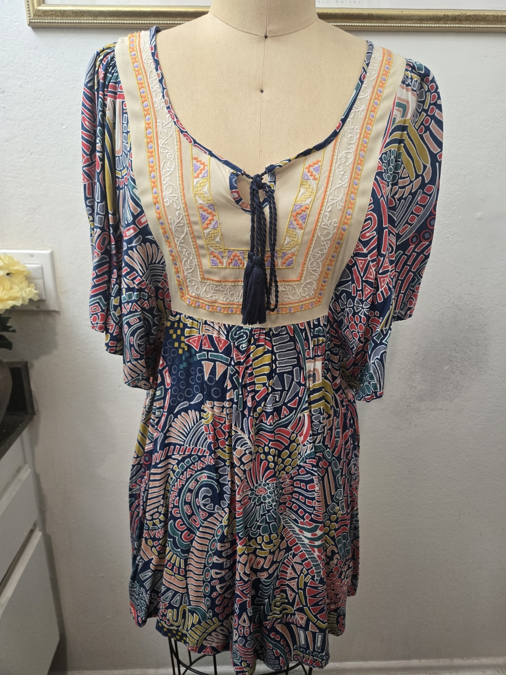 Flying Tomato Navy Multicolor Embroidered Tie-Front Mini Dress